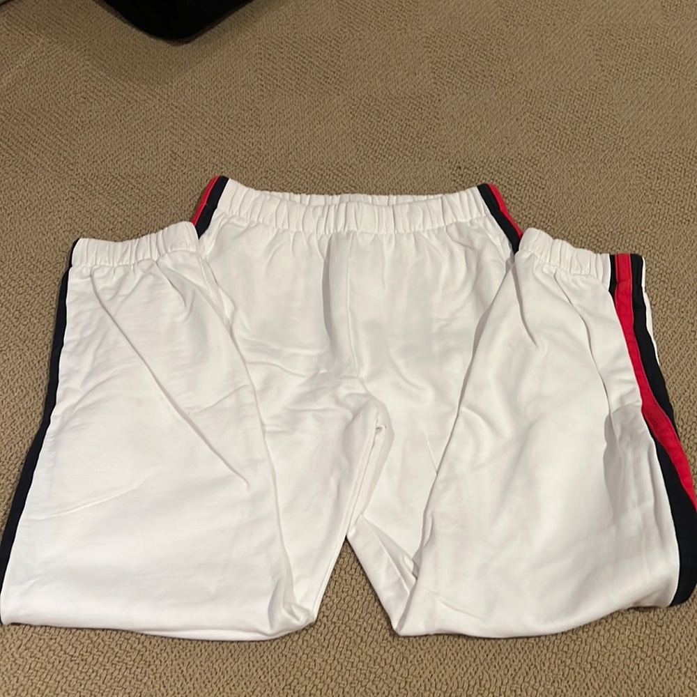 Brandy Melville white sweatpants with blue and red side strips